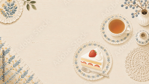 北欧風デザインのテーブルの上のいちごのショートケーキと紅茶のイラスト