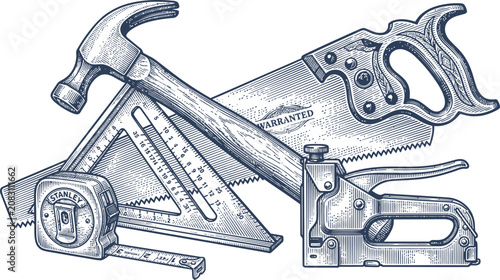 Canvastavla Vintage carpenter tools arrangement: hammer, hand saw tape measure and staple gu