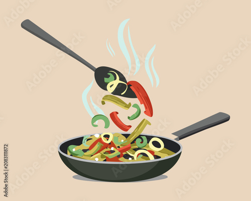 Chef hands using a metal spoon stirring fresh green vegetables and rice inside a steaming frying pan stove cooking concept - Vector Illustration