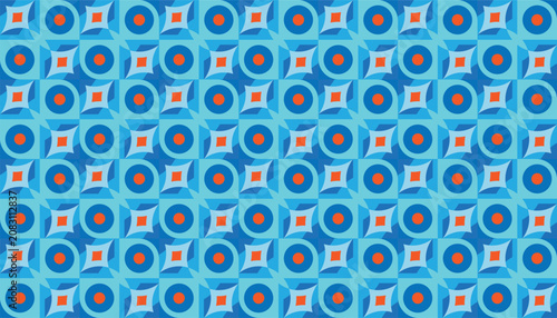 Seamless geometric pattern with blue circles and orange diamonds, retro style vector background