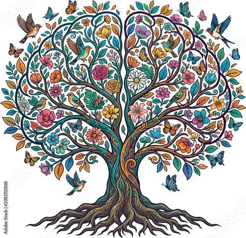 Colorful tree of life with birds and leaves illustration isolated on transparent background, Vector