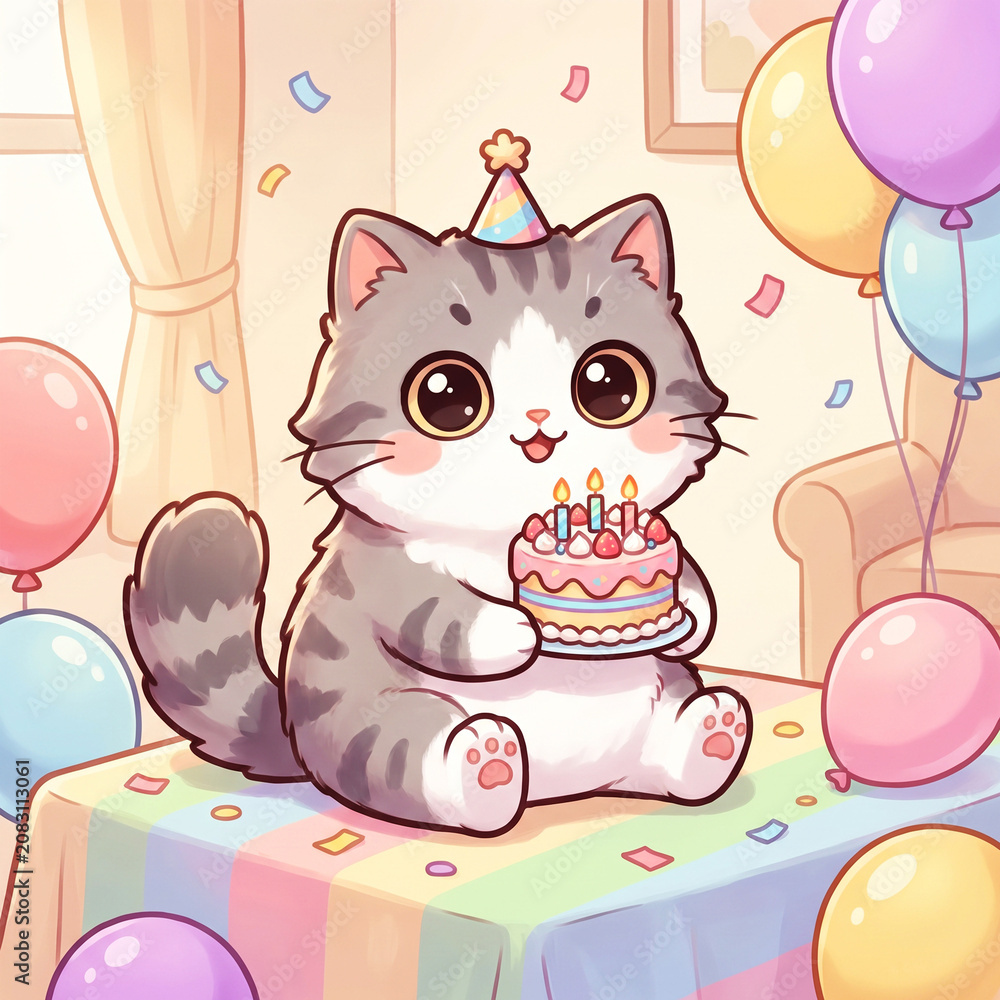 Fototapeta premium Cute Kitten Celebrating Birthday with Colorful Cake and Balloons. 