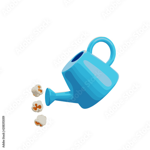 Blue garden watering can pouring out fresh popcorn snacks