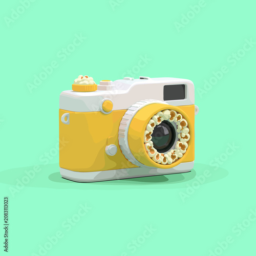 Playful yellow retro camera with popcorn lens on mint background