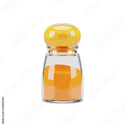 Glass spice shaker with golden lid and orange powder