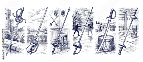 Fotografía Fencing swords vintage sketch illustration depicting historic rapier, saber, and