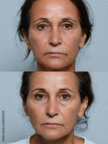 Before and After Portrait of Mature Woman Showing Facial Rejuvenation and Cosmetic Treatment Results