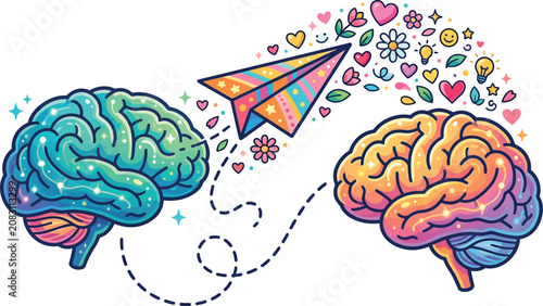 Colorful brain illustration with creative paper airplane isolated on transparent background, Vector