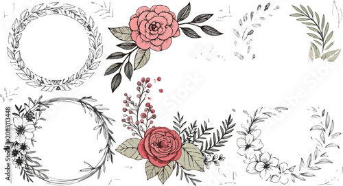 Hand Drawn Floral Wreath Botanical Circle Frame Vector Collection for Elegant Designs