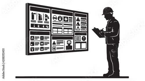 Foto Professional worker checking safety information board in a industrial facility e
