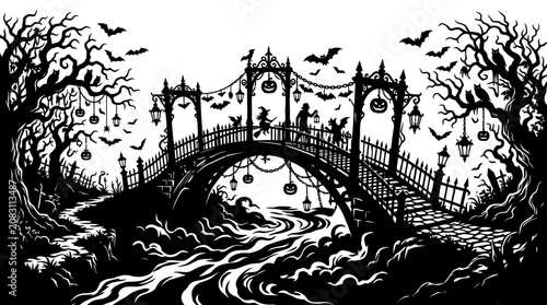Φωτογραφία Gothic bridge, spooky landscape, black and white vector, Halloween scene, eerie