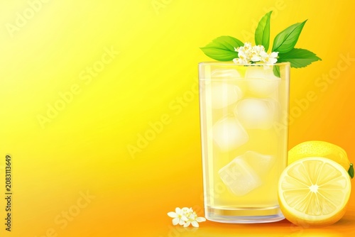 A refreshing glass of lemonade with ice cubes, garnished with green leaves and a flower, accompanied by a halved lemon and a small flower on a vibrant yellow and orange gradient background