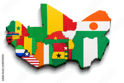 West Africa Political Map with Official National Flags, Realistic 3D Country Shapes, Regional Map Isolated on White Background