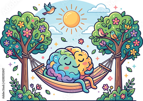 Colorful brain relaxing in a hammock between trees isolated on transparent background, Vector