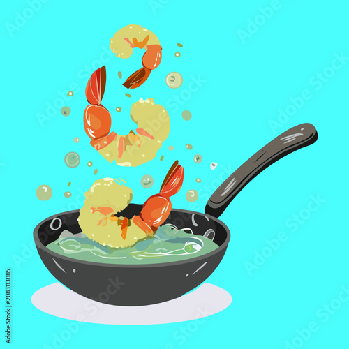 Fresh prawns splashing into deep frying pan filled with boiling hot oil for preparing crispy Asian seafood tempura snack meal - Vector Illustration