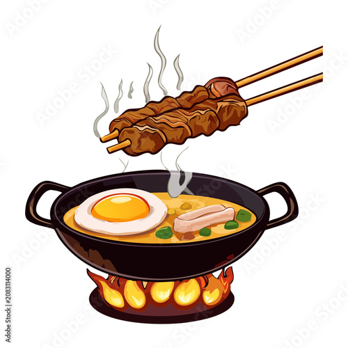 Preparing traditional meat skewers over hot boiling soup pot with eggs for oriental street food market culinary vendor design - Vector Illustration