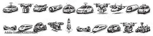 Various hand-drawn future transportation vehicles, including self-driving cars, drones, and rockets, depicted in a sketch style on a white background