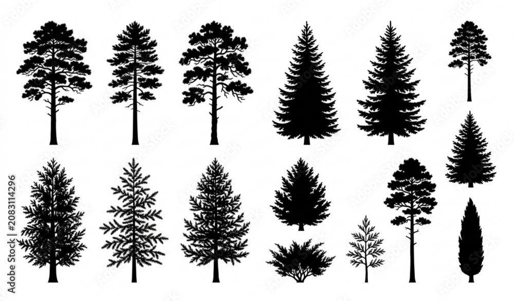 Fototapeta premium Realistic pine and evergreen tree silhouette collection isolated on white background