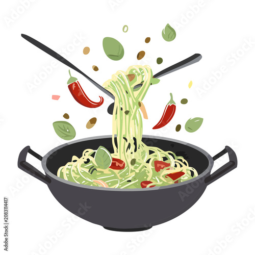 Healthy green noodles being lifted with chopsticks from traditional black wok pan with herbs flying around for fresh food banner - Vector Illustration