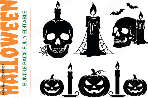 Halloween skull and melting candle silhouettes vector set. Spooky holiday graphic elements featuring burning candles with spider webs, jack o lanterns, and flying bats isolated on white.