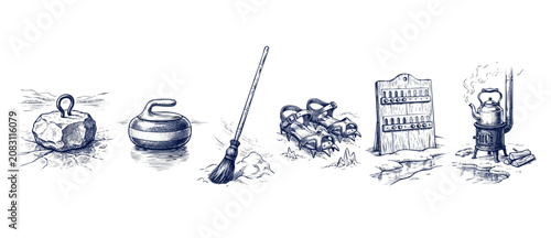 Bild auf Leinwand Curling stones vintage equipment hand-drawn icons illustrating the historical evolution of the winter sport on ice, featuring old stone weights, ice crampons, broom, scoreboard, and a boiling kettle