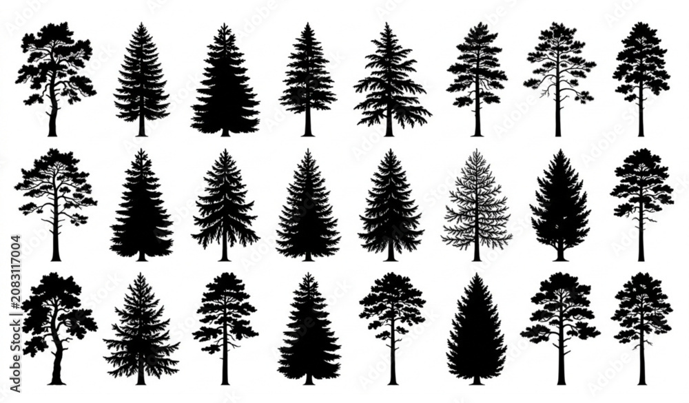 Fototapeta premium Realistic pine and evergreen tree silhouette collection isolated on white background