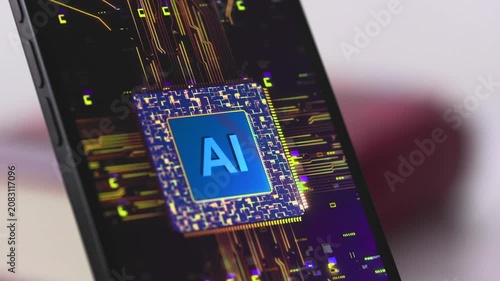 Smartphone display shows futuristic motherboard with an AI (artificial intelligence) processor and data stream. Semiconductors, technology, machine learning, deep learning, digital data processing.