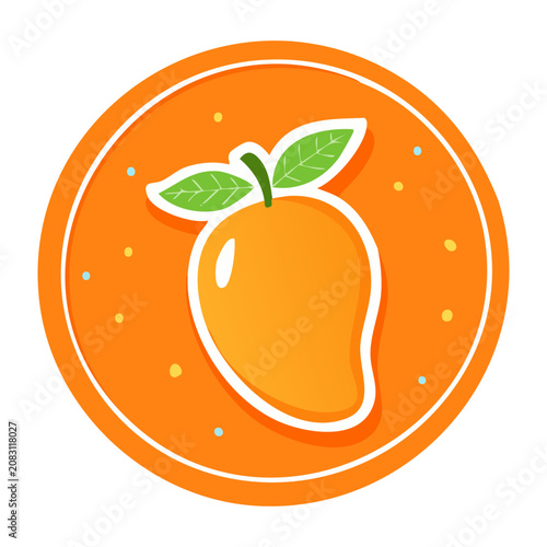 Sweet ripe mango icon graphic inside orange circular emblem created for fresh tropical fruit juice product logo design and label illustration - Vector Illustration