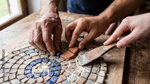 collaborative art creation, diverse hands gracefully collaborate to create a vibrant stone mosaic