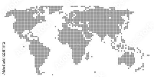Pixelated World Map with Dotted Square Grid Design, Minimal Global Geography Silhouette Vector Illustration for Infographics and Digital Technology