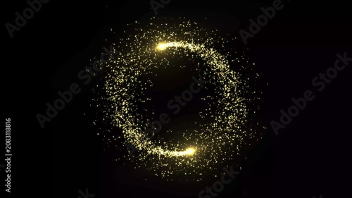 Abstract golden light particles rotating in circular motion on black background, gold glitter rotation circle sparkle. glowing fairy dust transition, featuring shimmering light or biting. 4K