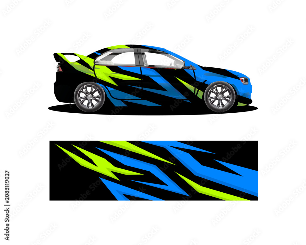 Fototapeta premium Vector wrap sticker motif for racing cars. Graphic abstract line racing background kit design for vehicle wraps, racing cars, rally, adventure, and livery.