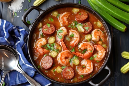 A hearty seafood stew with shrimp, sausage, and vegetables in a rich broth