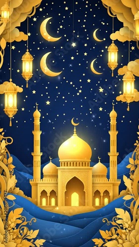 Golden mosque with lanterns under a starry night sky