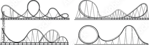 Billede på lærred Four black and white line of roller coaster tracks with loops and hills on a cle