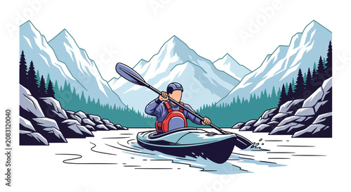 Photos Flat style vector illustration of a man kayaking through exciting whitewater rapids surrounded by mountains and forests