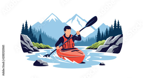 Foto Flat style vector illustration of a man kayaking through exciting whitewater rapids surrounded by mountains and forests