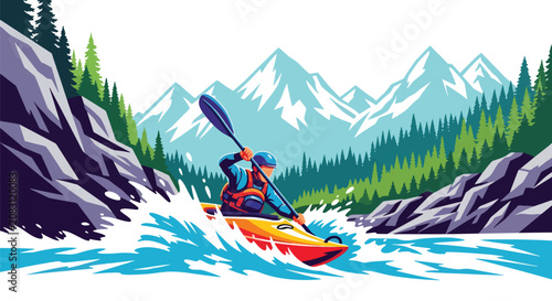 Foto Flat style vector illustration of a man kayaking through exciting whitewater rapids surrounded by mountains and forests
