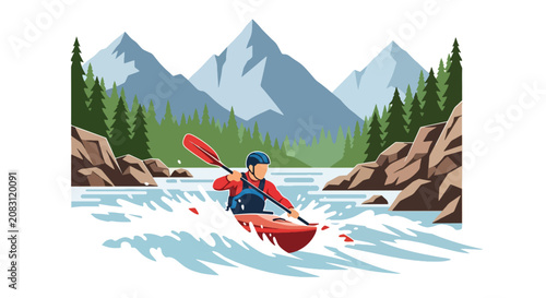 Bild auf Leinwand Flat style vector illustration of a man kayaking through exciting whitewater rapids surrounded by mountains and forests