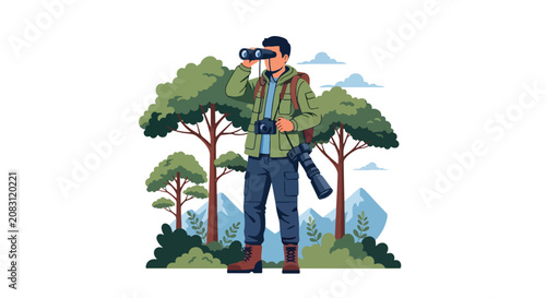 Canvastavla Flat style vector illustration of a man observing wildlife through binoculars while carrying photography equipment