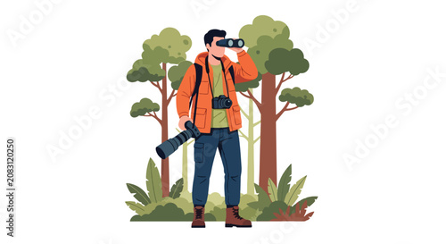 Konstfotografi Flat style vector illustration of a man observing wildlife through binoculars while carrying photography equipment