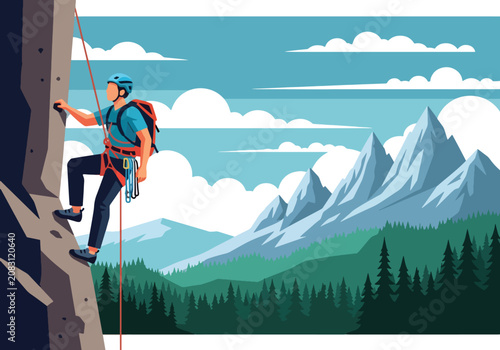 Foto Flat style vector illustration of a man climbing a steep mountain cliff using safety equipment
