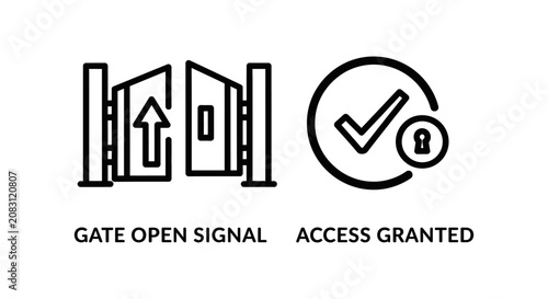 Security gate open signal and access granted checkmark icons with security checkmark entryway authorized password protection electronic verification identity authentication