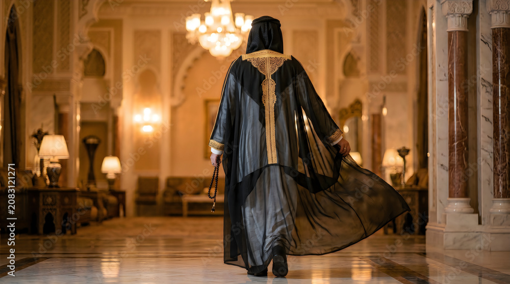 Naklejka premium Arab man in traditional bisht walking through a luxury palace hall