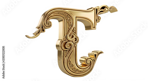 Ornate gold letter T with swirling designs and patterns transparent background