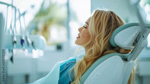 Young blonde woman patiently waiting in modern dental chair with eyes closed, embodying sense of calm and trust before her dental procedure in bright, clean clinic environment.