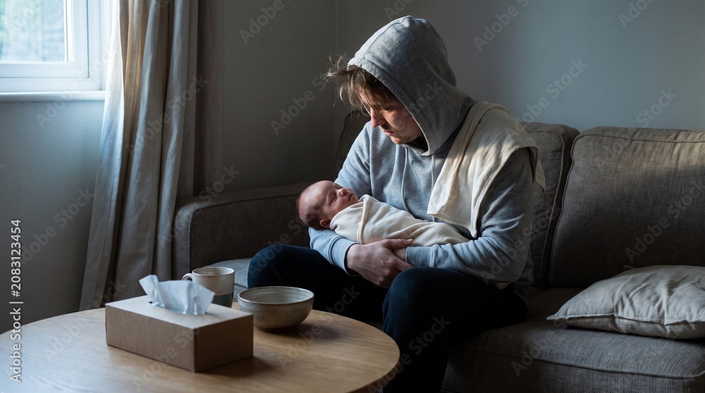 Fototapeta premium Sleep deprived parent soothing infant beside sofa in soft morning light