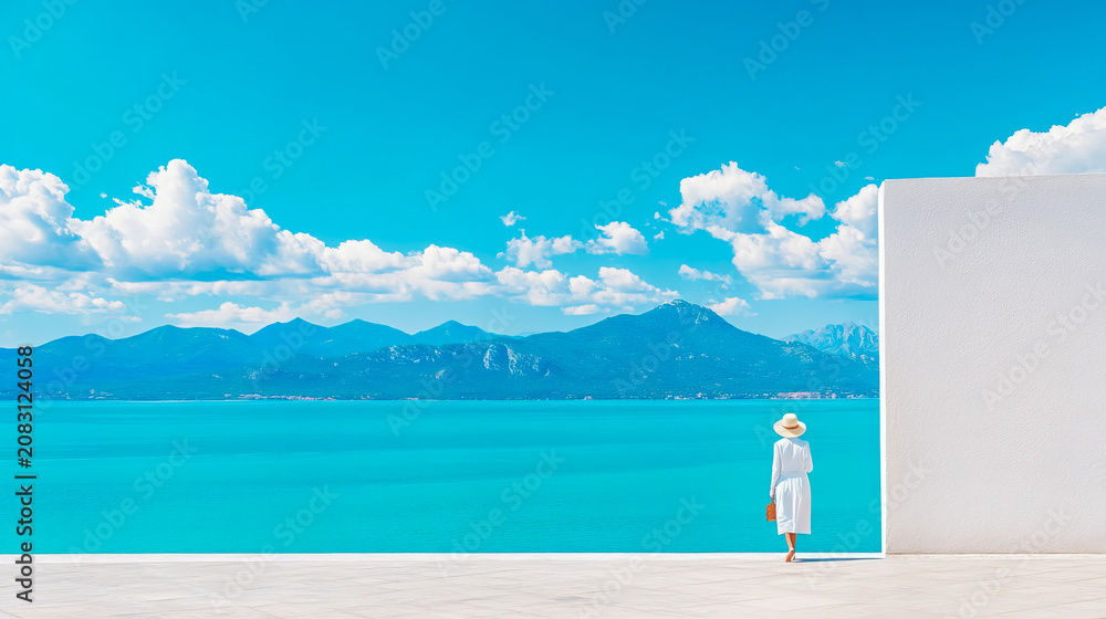 Fototapeta premium Lone Woman Wearing White Dress and Straw Hat Stands on Minimalist Balcony Looking Over Bright Turquoise Mediterranean Sea Towards Distant Mountains on Sunny Summer Day