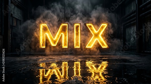 Golden neon mix word sign glowing in dark forest.