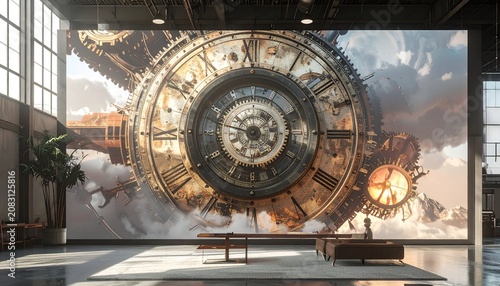 Steampunk Clockwork Design Displayed on Large Screen in Modern Room.